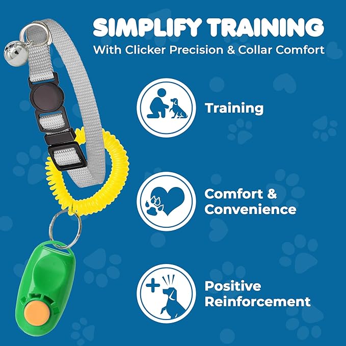 SunGrow Puppy Collars & Training Clickers, Dog Behavioral Management and Positive Reinforcement Tools, Multi-Colored (Blue, Pink, Green, Grey, Black), with Stretchable Wristband, 5 Pairs per Pack