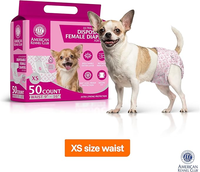 American Kennel Club Female Dog Wrap, Disposable Diapers with Wetness Indicator (XS (9–16 in), 50, Count)
