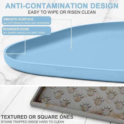 Smilool Silicone Pet Food Mat with Raised Edge for Food and Water Bowl, Dog Feeding Mats, Cat Food Trays for Floor Waterproof, Rubber Tray for Dogs and Cats, 22 x 14 x 0.8 Light Blue