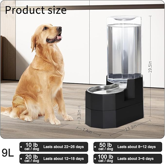 Sfozstra Elevated Dog Water Dispenser: 9L Gravity Auto Refill -Senior & Joint-Friendly Comfort Height - Leak-Proof - Stainless Steel Bowl -for Large Dogs -Multi-Pet Homes -Kitchen/Living Room/Garage