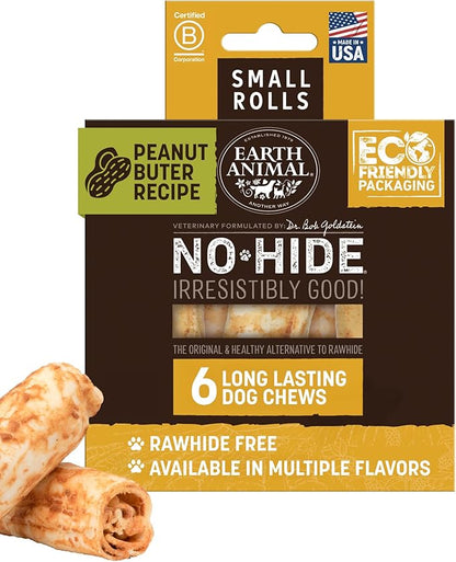 Earth Animal No Hide Chews - Long Lasting Rawhide Free Small Dog Chews Rolls, Peanut Butter - 6 Count