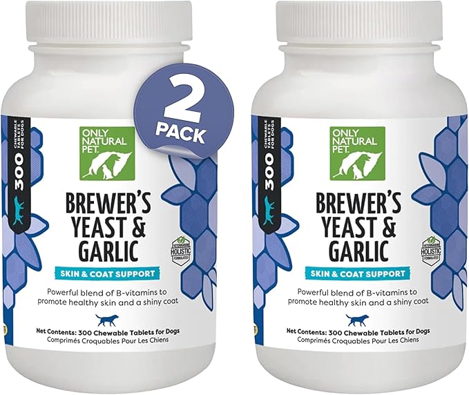 Only Natural Pet Brewer's Yeast & Garlic Chewables - All-Natural Flea & Tick Prevention for Dogs - Fortified with B Vitamins - Promotes Healthy Skin & Coat - 300 Count Tablet (2 Pack)