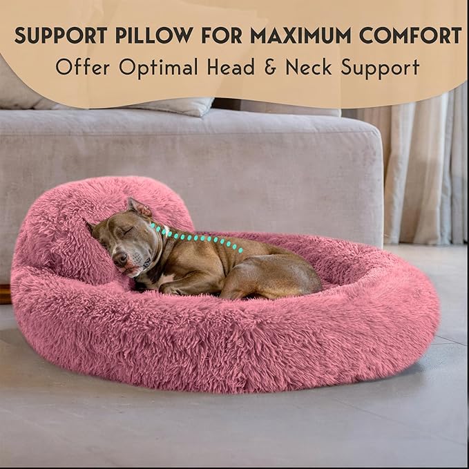 PetJett Large Dog Bed - 36'' Calming Donut Dog Beds, Anti-Slip & Washable Large Round Bed, Fluffy Faux Fur Pet Bed, Super Soft Anti-Anxiety Premium Comfort Bed, Fits Dogs up to 80 lbs - Pink