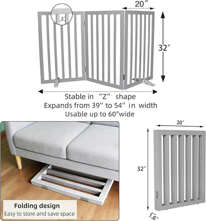 ZJSF Freestanding Indoor Dog Gate for House Foldable Wood Puppy Gate for Doorways Pet Gate for Stairs Extra Wide Pet Fence, Grey, 32" Height 3 Panels
