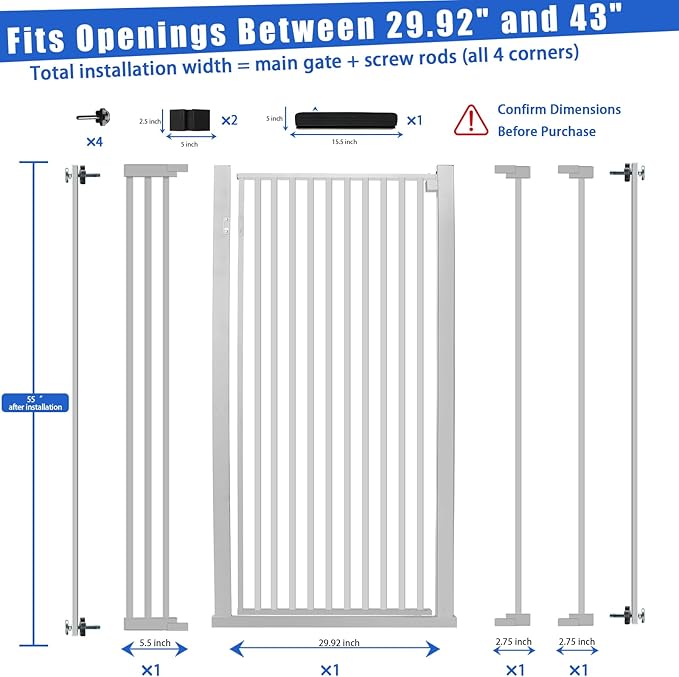 SHYUJAJIE 55 Inch Extra Tall Pet Gate for Cats,29.92"-43" Adjustable Wide Dog Gates,Pressure Mounted Walk Through Tall Pets Gate for Doorways,Hallway,Stairs(White)