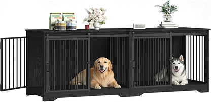 Hzuaneri 78" Dog Crate Furniture for 2 Dogs, Double Dog Cage with Divider, Wooden Heavy Duty Dogs Kennel, Pet Cage with Barn Door, TV Stand for Large Small Medium Pet, Black DFC83704B