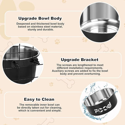 Crate Water Bowl No Spill for Large Dogs, Removable Stainless Steel Dog Bowls for Food and Water, Dog Kennel Hanging Wet and Dry Food Feeder for Medium/Large Pets, (7.1"x2.6" & 6.3"*2.6", Black)