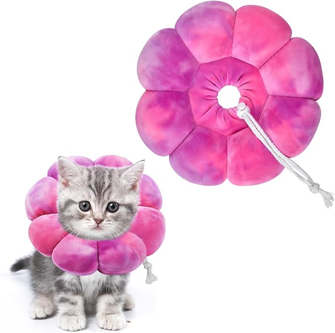 Flower Cat Cone, Uadonile Adjustable Cat Cone Collar, Soft Dog Elizabethan Collar Recovery E Collar After Surgery, Recovery E-Collar for Kittens/Puppies and Cats Recovery(Tie-dye Rose Purple, S)