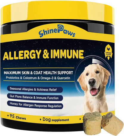 Dog Allergy Relief, Itch Relief for Dogs, Colostrum, Probiotics for Dogs Support Immunity, Omega3, Honey for Dry & Itchy Skin Relief, Seasonal Allergy, Pawlicking, Hot Spot Treatment, 95 Immune Bites