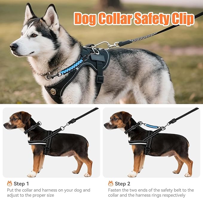 Dog Collar Safety Clip, Collar Companion, Handmade Backup Safety Strap, Double-Ended Clip Leash Connector, Suitable for Dog Harnesses, Prong, Pinch Collars (Black Purple + Black Blue, 2 Pack)
