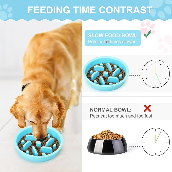 Anipaw Slow Feeder Dog Bowls 3 in 1 Stainless Steel Dog Food and Water Bowls with Non-Spill Non-Skid Silicone Mat to Slow Down Eating for Large Medium Small Breed Size Dogs and Cats (Grey Blue)
