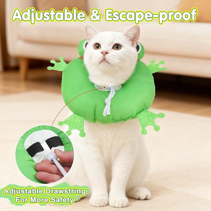 BEAUTYZOO Cat Cone Collar Soft, Cat Donut Recovery Collar after Surgery to Stop Licking, Kitten E Collars Neck Pillow Cone for Cats, Adjustable Elizabeth Pet Collars for Puppy Small Dogs, Green Frog S