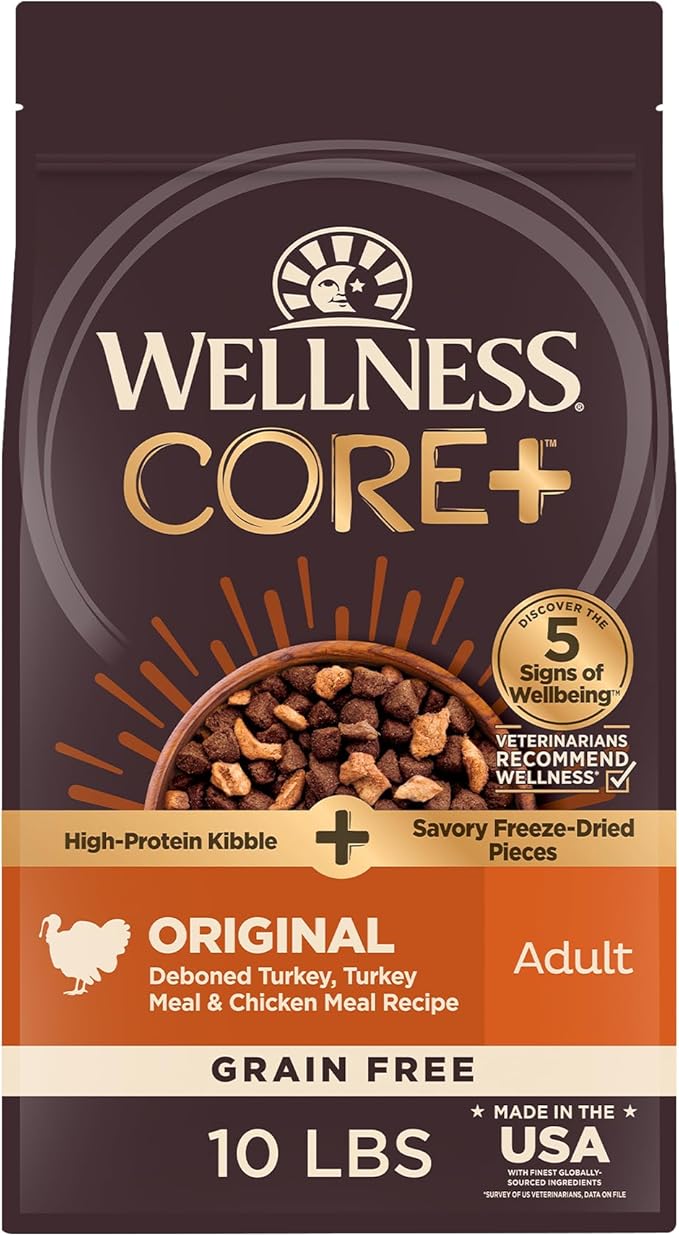 Wellness CORE+ Adult Dry Dog Food with Freeze Dried Pieces, Grain Free Kibble+, Natural, High Protein, Turkey and Chicken Recipe, 10 lb Bag