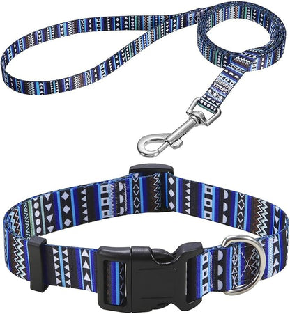 Mihqy Dog Collar and Leash Set with Bohemia Floral Tribal Geometric Patterns - Soft Ethnic Style Collar Adjustable for Small Medium Large Dogs(Bohemian Blue Set,XS)