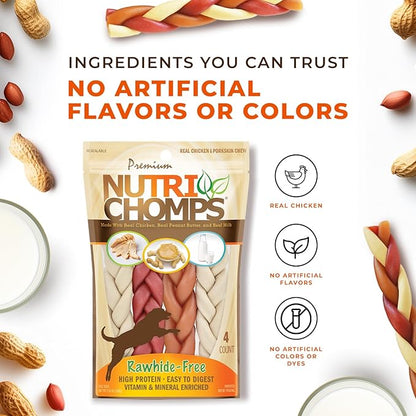 NutriChomps Dog Chews- 6-inch Braids,Easy to Digest, Rawhide-Free Dog Treats, Healthy, 4 Count, Real Chicken, Peanut Butter and Milk Flavors, Bundle of 3