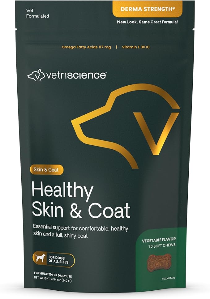 VetriScience Healthy Skin & Coat Chews, Derma Strength Omega-3 Salmon Oil Supplement for Dogs, Omega Skin and Coat Chews, Skin Health, Coat Growth, Veggie, 70 Count
