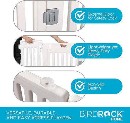 BIRDROCK HOME Dog Playpen w/Door, 8 Panel, 25.6in H | Strong Plastic, Non-Slip Puppy Playpen, Secure Pet Gate | Indoor Outdoor Fence | Configurable Panels | Small Pets - White
