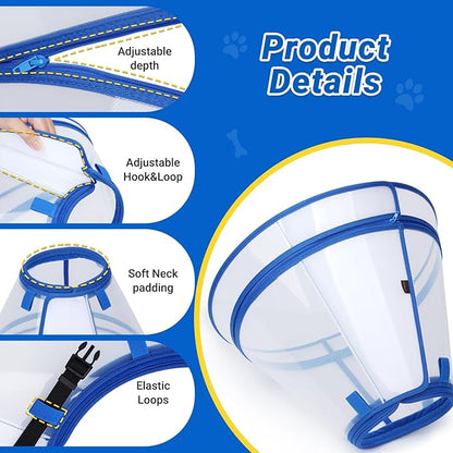 Dog Cone to Stop Licking, Clear Recovery Collar with Detachable Zipper, Sturdy Elizabethan Collar for Large Medium Small Dogs, Soft Adjustable Cone After Surgery Patented, Blue XL