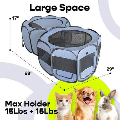 EighteenTek® 2-in-1 Pop up Pet Playpen, Assembly-Free, with Leakproof Pet Pee Pads,Portable Foldable Dog Tent Enclosure Indoor Outdoors Cats Puppy Kittens Small Animals Crates (S, 58" Lx29 Wx17 H)