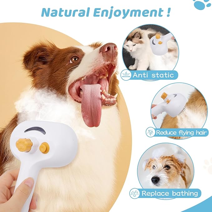 Pet Steam Brush for Dog & Cat – 3-in-1 Spray Hair Removal Comb for Shedding & Grooming, Softens Fur & Reduces Static – Water Brush for Long & Short Coats, Bath-Hating Pets, Includes Waterless Shampoo