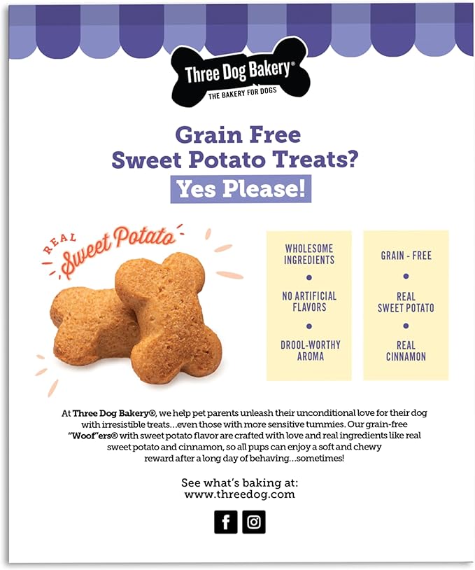 Three Dog Bakery Grain-Free “Woof”ers Sweet Potato Dog Treats - Soft-Baked Dog Biscuits for Sensitive Tummies, Human-Inspired Dog Treats, Dog Treats for Puppy Training with Real Ingredients