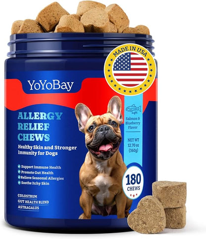 Dog Allergy Relief Chews – 180 Soft Chews, Salmon & Blueberry Flavor - Immune Support & Itch Relief with Colostrum, Astragalus Root, 6-Strain Gut Health Blend