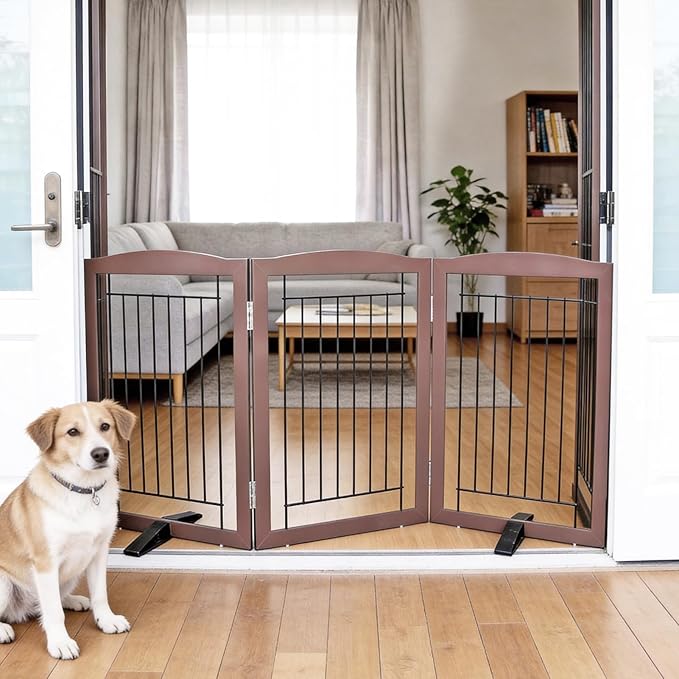 ZJSF Freestanding Dog Fence Indoor, Foldable Dog Gate for Doorways, Stairs or Hallways, Sturdy Wood Extra Wide Pet Gate with Support Feet for The House, Brown, 24 "Height-3 Panels