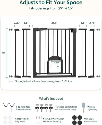 Babelio Upgraded Baby Gate with Cat Door, Auto Close Durable Dog Gate for Stairs, Doorways and House, Easy Walk Thru Safety Gate with Pet Door Includes 4 Wall Cups, 29-48" Wide, 30" Tall, Black
