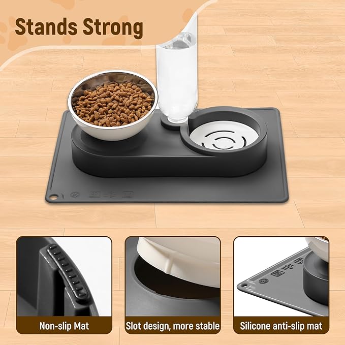 Marchul 2-in-1 Dog Bowl, Elevated Cat Food and Water Bowl with No-Spill Mat, 15° Tilt Stainless Steel Dish + 500ml Leak-Proof Bottle, Easy Clean Design (Dry/Wet Food & Water)