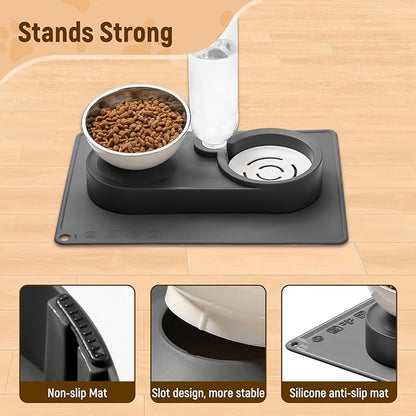 Marchul 2-in-1 Dog Bowl, Elevated Cat Food and Water Bowl with No-Spill Mat, 15° Tilt Stainless Steel Dish + 500ml Leak-Proof Bottle, Easy Clean Design (Dry/Wet Food & Water)