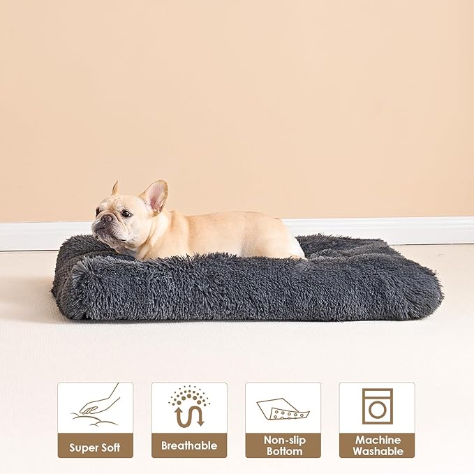 EHEYCIGA Fluffy Dog Crate Bed for Extra Large Dogs, Plush Faux Fur XLP Pad, Calming Anti Anxiety XL Plus Bed for Crate, Washable Soft Warm Dog Mat with Non-Slip Bottom, Dark Grey