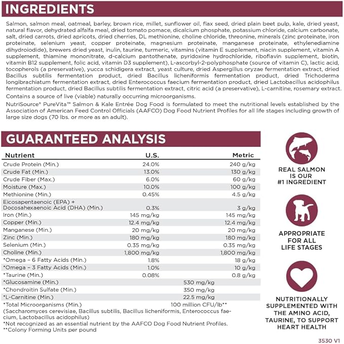 NutriSource Pure Vita Salmon & Kale Dog Food, 25LB