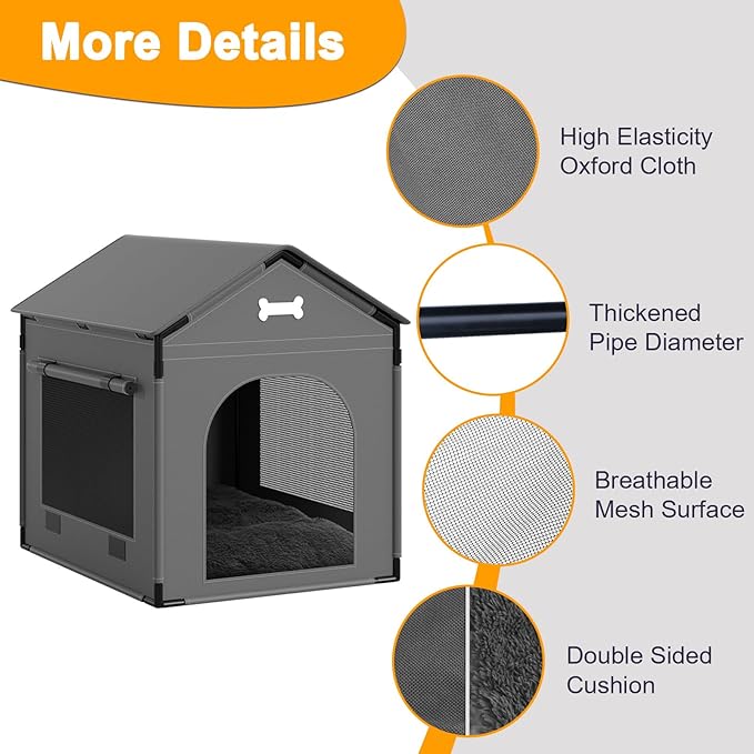Large Dog House Indoor with Plush Cushion, Dog Kennel for Inside with Sturdy Frame, Waterproof Pet House Suitable for Small Medium Dogs, 27x21x27in, Gray