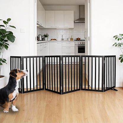 Dog Gate Indoor, Freestanding Dog Fence for The House, Doorways, Hallways,or Stairs,Pet Gate Foldable Wooden,Expandable 32" Height 6 Panels,Black