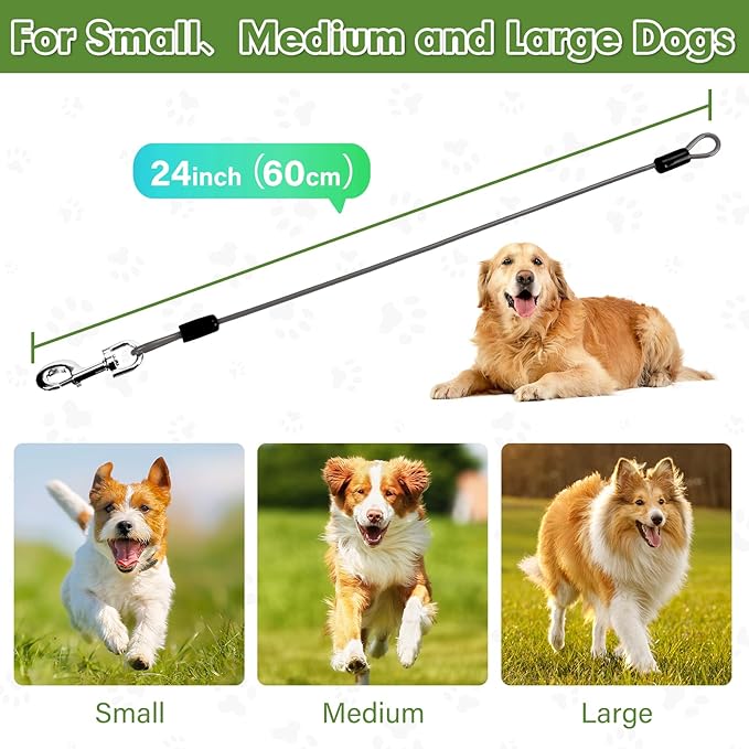 Chew Proof Dog Leash Extender, 24'' Wire Rope Extension for Small, Medium, Large Dogs, Walking, Training Puppies, Dual 2-Dog Leash, Metal Cable Lead for Collar & Harness