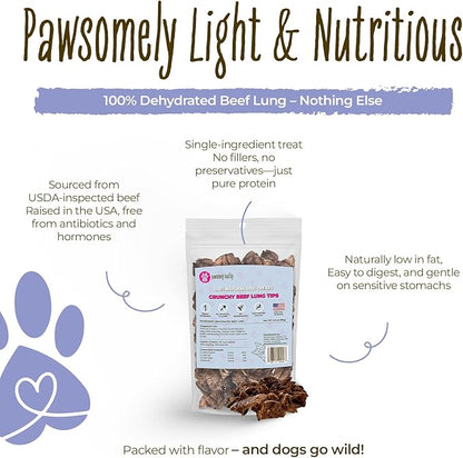 Pawsomely Healthy Crunchy Beef Lung Tips for Dogs – Natural Single-Ingredient Air-Dried Treat, High-Protein/Low Fat & Grain-Free, Made in USA - 3.5 oz
