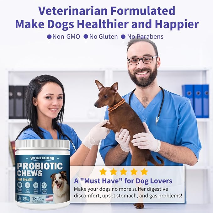 Probiotics for Dogs, Improve Itchy Skin Itchy Ears, Gut Health, Yeast Balance, Allergies, Immunity, Dog Probiotics and Digestive Enzymes with Prebiotics, Reduce Diarrhea (180 Chews, Duck)