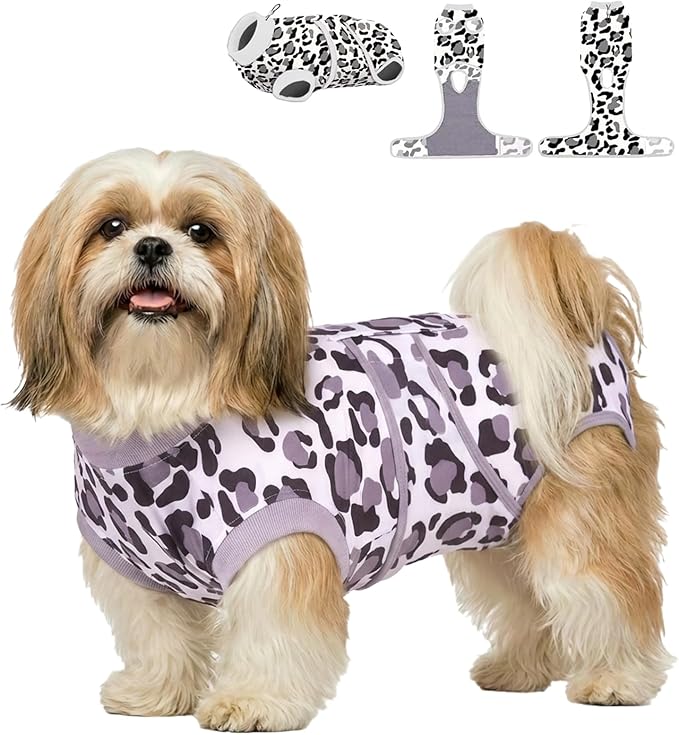 PetWarm Prevents Licking, Dog Cone Alternative After Surgery, Covers Wounds, Dog Recovery Suit, Machine Washable, Fashionable and Protective, Lightweight and Breathable, Leopard Pattern, White, XS