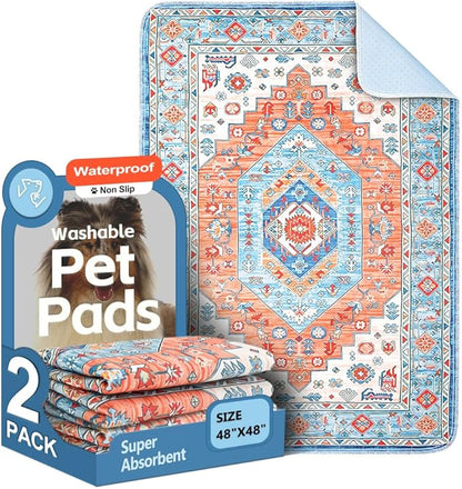 Washable Pee Pads for Dogs 2 Pack Reusable Puppy Training Pads 48"x48" Super Absorbent Waterproof Dog Training Pads, Non-Slip Potty Pads Whelping Pads Litter Mat Pet Supplies - Orange/Mix