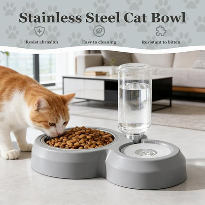 Double Dog Cat Bowls, Pets Food and Water Bowl Set with Automatic Water Dispenser and Stainless Steel Bowl Silicone Dog Bowl Mat, Gravity Feeder for Cats and Small Dogs Puppies (Grey)
