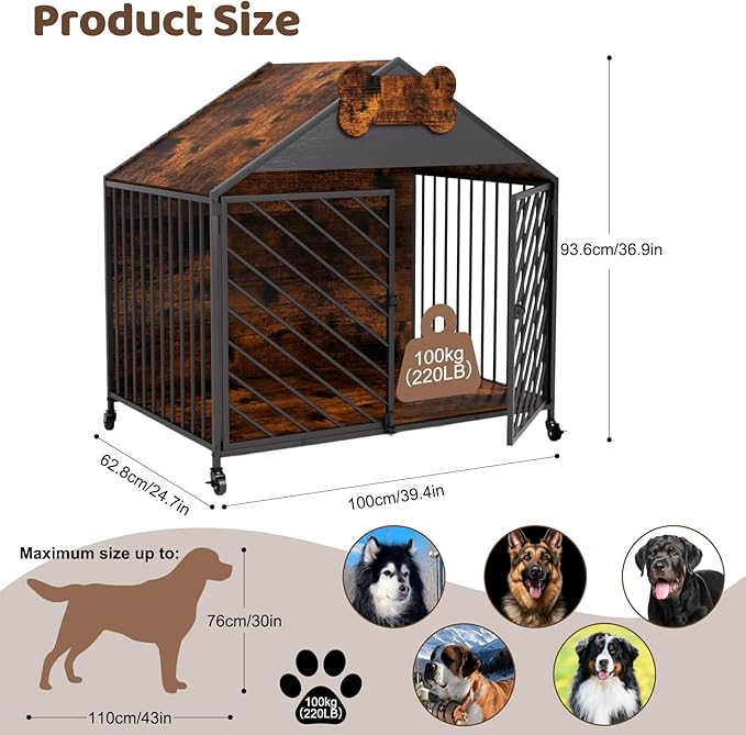 Heavy Duty Dog Crate Furniture for Large Breeds, 39.4" XXL Indoor Wooden Dog Kennel with Gable Roof, Escape Proof Double Door & Chew Proof Metal Cage for German Shepherd/Labrador, Rustic Brown
