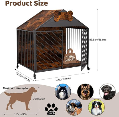 Heavy Duty Dog Crate Furniture for Large Breeds, 39.4" XXL Indoor Wooden Dog Kennel with Gable Roof, Escape Proof Double Door & Chew Proof Metal Cage for German Shepherd/Labrador, Rustic Brown