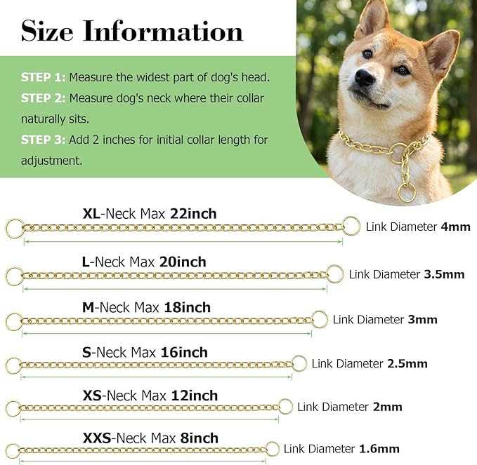 Chain Collar for Small Dogs, Metal Slip Link Training Heavy Duty Dog Choker Collar Martingale Puppy Collars for XS Small Medium Large Big XL Breed Dogs (Gold, XS(Neck Max 12inch) D2.0mm)