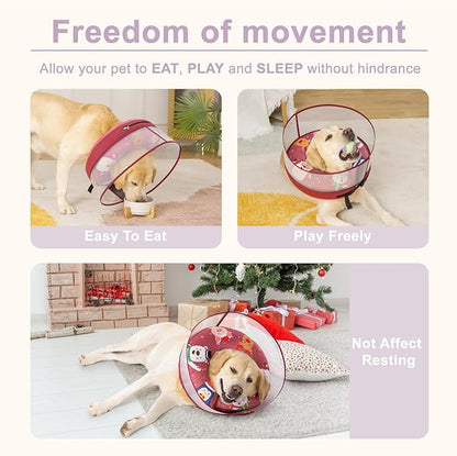 Soft Cone Collar With Guard Shield for Dogs - Inflatable Surgery Recovery Donut, Prevents Licking Wounds and Stitches, Does Not Block View (Xmas Elf, Medium+)