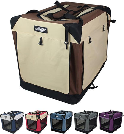EliteField 4-Door Folding Soft Dog Crate with Curtains, Carrying Bag and Fleece Bed (2 Year Warranty), Indoor & Outdoor Pet Home (20" L x 14" W x 14" H, Brown+Beige)