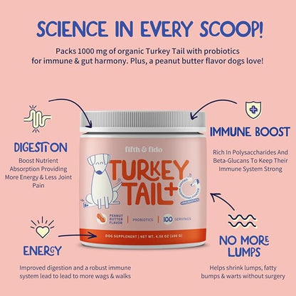 Fifth & Fido Turkey Tail Mushroom for Dogs – Lipoma Treatment for Dogs - Mushroom Supplement with Immune Support for Lipoma, Lumps & Bumps – Premium Pet Vitamins and Supplements Made in USA, 100 Serv.