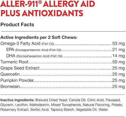 NaturVet Aller-911 Advanced Allergy Aid for Dogs, Cats – Antioxidant-Rich Pet Supplement with Omegas, DHA, EPA – Helps Support Dog Immune System, Cat Respiratory Health, Skin Moisture 70 Soft Chews