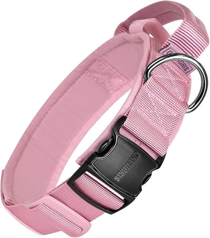 OneTigris Tough Dog Collars, Tactical Dog Collar with Handle, Milltary Adjustable Dog Collar with Heavy Duty Metal Buckle for Training (Medium,Pink)
