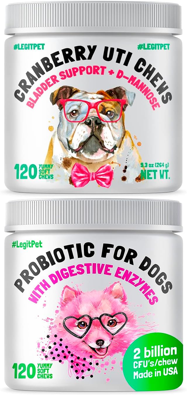 Cranberry UTI Chews for Dogs Bladder Suppot + D-Mannose Supports Kidney Urinary Tract 120 Chews and Probiotics for Dogs Natural Digestive Enzymes Prebiotics for Allergy 120 Chews