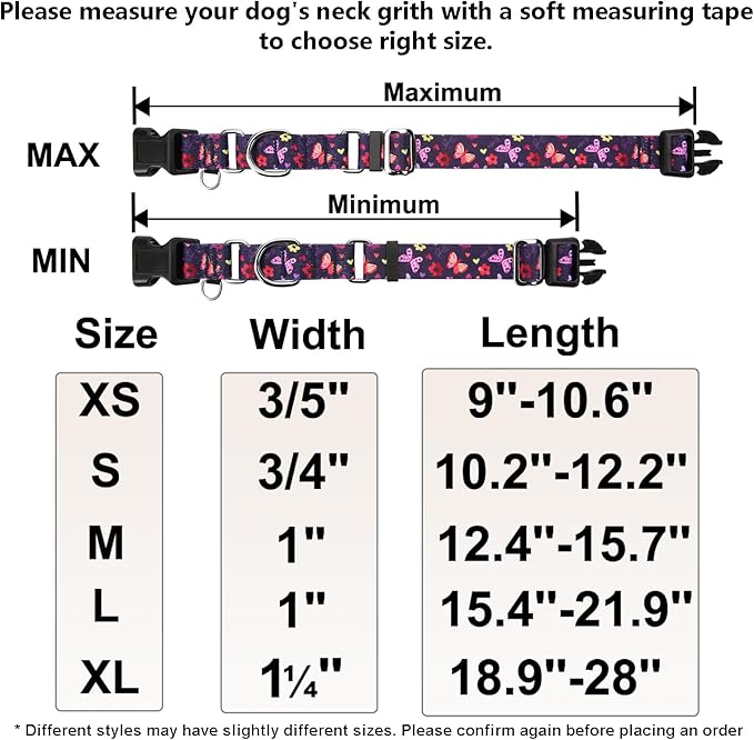 Martingale Collar with Buckle Purple Nylon Adjustable Cute Girl Female Dog Collars (Butterfly Floral, Medium)